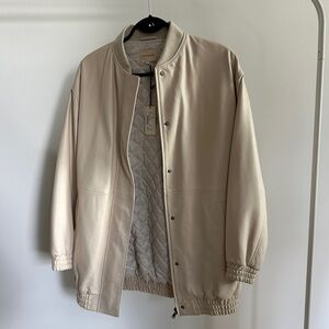 Loulou Studio Cream Oversized Leather Bomber Jacket